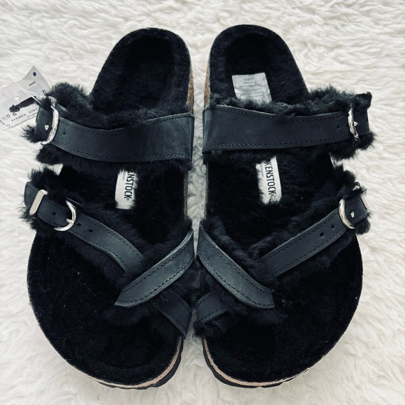 Birkenstock Miyari Shearling Black Leather Sandals size 37 W6 M4 - Picture 2 of 15